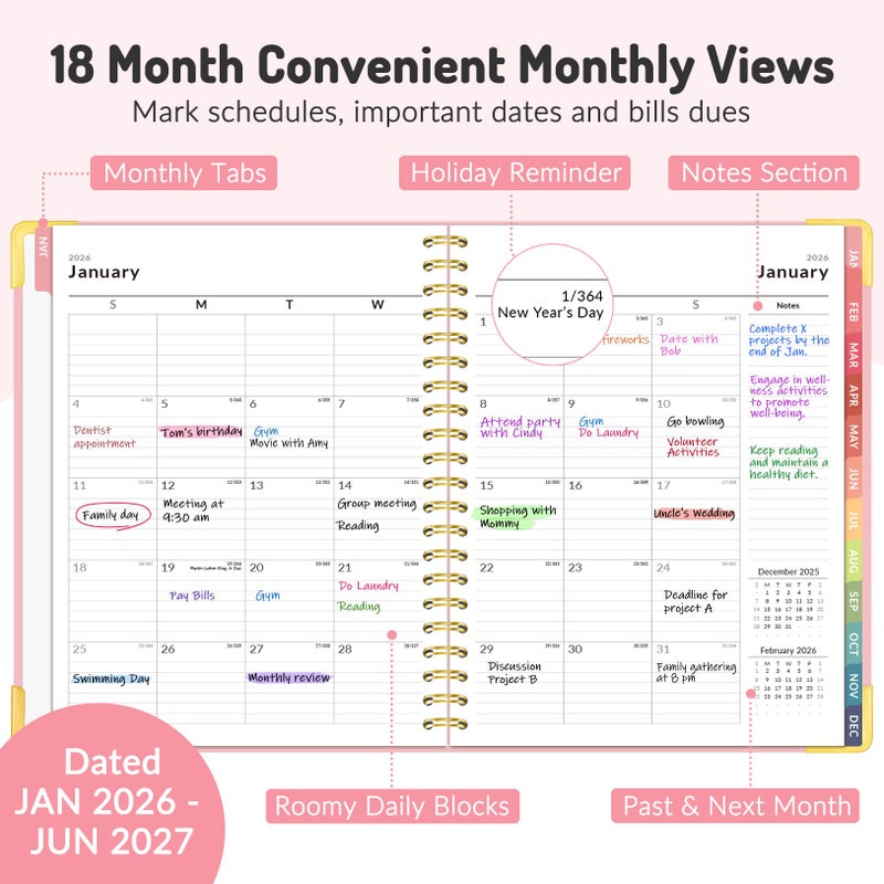 Forvencer Planner 2026-2027, 18 Month Weekly and Monthly Calendar Planner, Jan 2026 -June 2027, 8.5"" x 11"", Daily Agenda Book with Tabs, College School Supplies for Student Teacher Home, A4, Black - Image 3